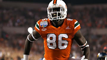 Dec 28, 2016; Orlando, FL, USA; Miami Hurricanes tight end David Njoku (86) reacts after a touchdown in the second half against the West Virginia Mountaineers in the Russell Athletic Bowl at Camping World Stadium. Mandatory Credit: Jonathan Dyer-USA TODAY Sports