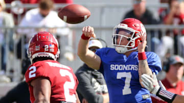 Apr 24, 2021; Norman, Oklahoma, USA; Oklahoma Sooners quarterback Spencer Rattler (7) throws during the spring game at Gaylord Family-Oklahoma Memorial Stadium. Mandatory Credit: Kevin Jairaj-USA TODAY Sports