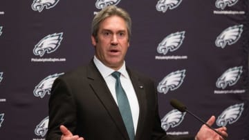 Jan 19, 2016; Philadelphia, PA, USA; Philadelphia Eagles new head coach Doug Pederson talks to the media during a press conference at the NovaCare Complex. Mandatory Credit: Bill Streicher-USA TODAY Sports