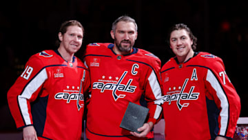 Alex Ovechkin, Nicklas Backstrom, T.J. Oshie, Washington Capitals (Photo by Scott Taetsch/Getty Images)