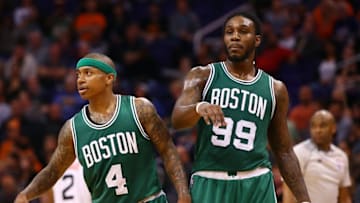 Feb 23, 2015; Phoenix, AZ, USA; Boston Celtics guard Isaiah Thomas (4) and forward Jae Crowder (99) against the Phoenix Suns at US Airways Center. The Celtics defeats the Suns 115-110. Mandatory Credit: Mark J. Rebilas-USA TODAY Sports