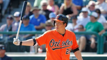 Mar 1, 2016; Lake Buena Vista, FL, USA; Baltimore Orioles outfielder Hyun Soo Kim (25) at bat during the fifth inning of a spring training baseball game against the Atlanta Braves at Champion Stadium. Mandatory Credit: Reinhold Matay-USA TODAY Sports