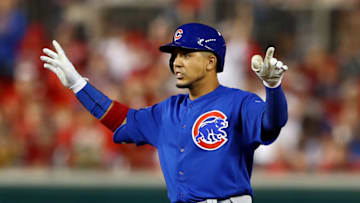 WASHINGTON, DC - OCTOBER 6: Jon Jay #30 of the Chicago Cubs reacts after reaching second base during Game 1 of the National League Division Series against the Washington Nationals at Nationals Park on Friday, October 6, 2017 in Washington, D.C. (Photo by Alex Trautwig/MLB Photos via Getty Images)