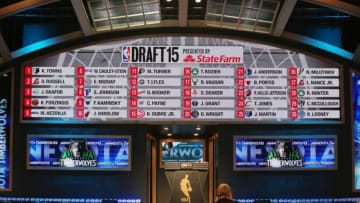 Jun 25, 2015; Brooklyn, NY, USA; General view of the full first round draft board at the conclusion of the first round of the 2015 NBA Draft at Barclays Center. Mandatory Credit: Brad Penner-USA TODAY Sports