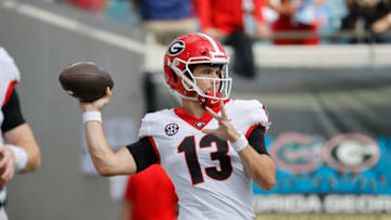 Oct 30, 2021; Jacksonville, Florida, USA; Georgia Bulldogs quarterback Stetson Bennett (13) prior to the game against the Florida Gators at TIAA Bank Field. Mandatory Credit: Kim Klement-USA TODAY Sports