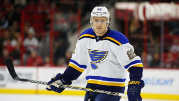 Jan 30, 2015; Raleigh, NC, USA; St. Louis Blues defensemen Kevin Shattenkirk (22) watches the play against the Carolina Hurricanes at PNC Arena. The St. Louis Blues defeated the Carolina Hurricanes 3-2 in a shoot out. Mandatory Credit: James Guillory-USA TODAY Sports