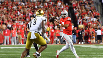 COLUMBUS, OHIO - SEPTEMBER 03: C.J. Stroud #7 of the Ohio State Buckeyes looks to pass during the third quarter of a game against the Notre Dame Fighting Irish at Ohio Stadium on September 03, 2022 in Columbus, Ohio. (Photo by Ben Jackson/Getty Images)