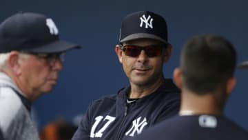 PORT CHARLOTTE, FLORIDA - FEBRUARY 24: Aaron Boone #17 of the New York Yankees looks on against the Tampa Bay Rays during the Grapefruit League spring training game at Charlotte Sports Park on February 24, 2019 in Port Charlotte, Florida. (Photo by Michael Reaves/Getty Images)