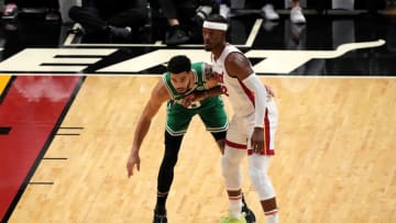 Jayson Tatum #0 of the Boston Celtics guards Jimmy Butler #22 of the Miami Heat during the third quarter in Game Two of the 2022 NBA Playoffs Eastern Conference Finals(Photo by Eric Espada/Getty Images)