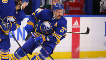 Nov 8, 2022; Buffalo, New York, USA; Buffalo Sabres left wing Zemgus Girgensons (28) looks to make a pass during the third period against the Arizona Coyotes at KeyBank Center. Mandatory Credit: Timothy T. Ludwig-USA TODAY Sports