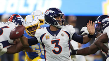 INGLEWOOD, CALIFORNIA - OCTOBER 17: Russell Wilson #3 of the Denver Broncos looks to pass during the third quarter against the Los Angeles Chargers at SoFi Stadium on October 17, 2022 in Inglewood, California. (Photo by Sean M. Haffey/Getty Images)