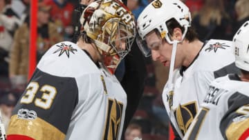 OTTAWA, ON - NOVEMBER 4: Maxime Lagace #33 of the Vegas Golden Knights celebrates his first career NHL win with teammate James Neal #18 after defeating the Ottawa Senators at Canadian Tire Centre on November 4, 2017 in Ottawa, Ontario, Canada. (Photo by Andre Ringuette/NHLI via Getty Images)