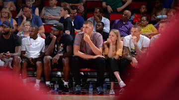 LAS VEGAS, NV - JULY 9: Nikola Jokic #15 of the the Denver Nuggets attends the game against the Milwaukee Bucks during the 2018 Las Vegas Summer League on July 9, 2018 at the Cox Pavilion in Las Vegas, Nevada. NOTE TO USER: User expressly acknowledges and agrees that, by downloading and/or using this photograph, user is consenting to the terms and conditions of the Getty Images License Agreement. Mandatory Copyright Notice: Copyright 2018 NBAE (Photo by Bart Young/NBAE via Getty Images)