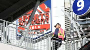Nov 15, 2015; Denver, CO, USA; General view of stadium security guard on patrol outside of Sports Authority Field at Mile High before the game between the Kansas City Chiefs against the Denver Broncos. Mandatory Credit: Ron Chenoy-USA TODAY Sports