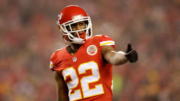 KANSAS CITY, MP - JANUARY 15: Cornerback Marcus Peters #22 of the Kansas City Chiefs checks his aligment with an official prior turnover a play against the Pittsburgh Steelers during the first quarter of the game in the AFC Divisional Playoff game at Arrowhead Stadium on January 15, 2017 in Kansas City, Missouri. (Photo by Jamie Squire/Getty Images)