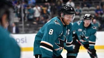 SAN JOSE, CA - OCTOBER 30: Joe Pavelski #8 of the San Jose Sharks prepares to face-off against the New York Rangers at SAP Center on October 30, 2018 in San Jose, California (Photo by Brandon Magnus/NHLI via Getty Images)