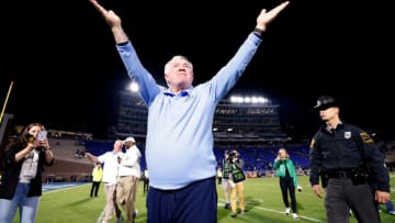 DURHAM, NC - OCTOBER 15: Head coach Mack Brown of the North Carolina Tar Heels celebrates their 38-35 victory against the Duke Blue Devils at Wallace Wade Stadium on October 15, 2022 in Durham, North Carolina. (Photo by Lance King/Getty Images)