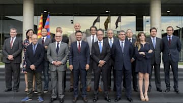 (L to R - Top to Bottom) FC Barcelona's Members of board of Directors Emili Rousaud, Maria Teixido, Javier Bordas, Jordi Moix, Jordi Mones, Silvio Elias, Pau Vilanova, Enrique Tombas, Oriol Tomas, Manel Arroyo, Carles Vilarrubi, FC Barcelona incumbent president Josep Maria Bartomeu, Jordi Cardoner, Jordi Mestre and Susana Monge (Photo credit JOSEP LAGO/AFP via Getty Images)