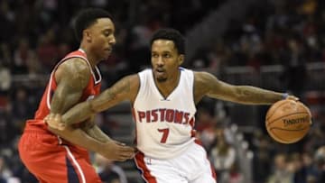 Jan 19, 2015; Atlanta, GA, USA; Detroit Pistons guard Brandon Jennings (7) dribbles the ball as Atlanta Hawks guard Jeff Teague (0) defends during the first half at Philips Arena. Mandatory Credit: Dale Zanine-USA TODAY Sports