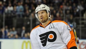 Apr 27, 2014; New York, NY, USA; Philadelphia Flyers defenseman Kimmo Timonen (44) in the 3rd period of game five of the first round of the 2014 Stanley Cup Playoffs at Madison Square Garden. The Rangers won the game 4-2 and lead the series 3-2. Mandatory Credit: John Geliebter-USA TODAY Sports