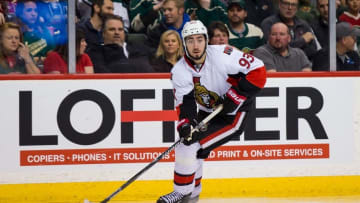 Mar 31, 2016; Saint Paul, MN, USA; Ottawa Senators forward Mika Zibanejad (93) skates with the puck in the second period against the Minnesota Wild at Xcel Energy Center. the Ottawa Senators beat the Minnesota Wild 3-2. Mandatory Credit: Brad Rempel-USA TODAY Sports