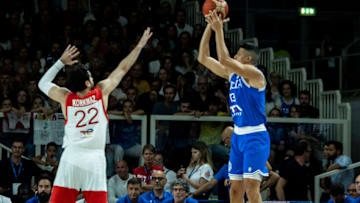 TRENTO, ITALY - AUGUST 04: Furkan Korkmaz #22 of Turkey and Simone Fontecchio #13 of Italy in action during the Trentino Basket Cup 2023 game between Italy v Turkey at BLM Group Arena on August 04, 2023 in Trento, Italy. (Photo by Roberto Finizio/Getty Images)