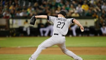 Chicago White Sox relief pitcher Matt Lindstrom (27) on the mound late in the game against the Oakland Athletics at O.co Coliseum. Oakland won 11-0. Mandatory Credit: Bob Stanton-USA TODAY Sports