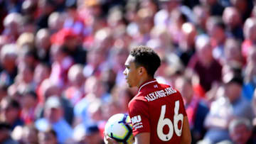LIVERPOOL, ENGLAND - MAY 12: Trent Alexander-Arnold of Liverpool looks on during the Premier League match between Liverpool FC and Wolverhampton Wanderers at Anfield on May 12, 2019 in Liverpool, United Kingdom. (Photo by Laurence Griffiths/Getty Images)