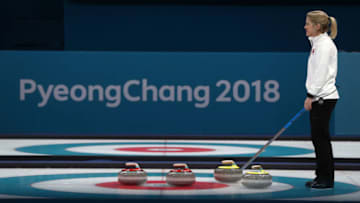 GANGNEUNG, SOUTH KOREA - FEBRUARY 13: Kristin Skaslien of Norway looks on against Olympic Athletes from Russia during the Curling Mixed Doubles Bronze Medal Game on day four of the PyeongChang 2018 Winter Olympic Games at Gangneung Curling Centre on February 13, 2018 in Gangneung, South Korea. (Photo by Ronald Martinez/Getty Images)