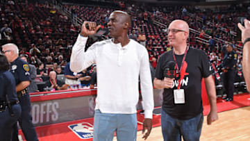 HOUSTON, TX - MAY 8: Vernon Maxwell makes an announcement before the game between the Houston Rockets and Utah Jazz in Game Five of the Western Conference Semifinals of the 2018 NBA Playoffs on May 8, 2018 at the Toyota Center in Houston, Texas. Copyright 2018 NBAE (Photo by Bill Baptist/NBAE via Getty Images)