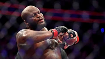 Oct 6, 2018; Las Vegas, NV, USA; Derrick Lewis (red gloves) reacts after beating Alexander Volkov (blue gloves) during UFC 229 at T-Mobile Arena. Mandatory Credit: Stephen R. Sylvanie-USA TODAY Sports