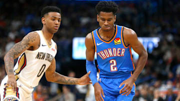 Nickeil Alexander-Walker #0 of the New Orleans Pelicans guards Shai Gilgeous-Alexander #2 of the OKC Thunder. (Photo by Ron Jenkins/Getty Images)