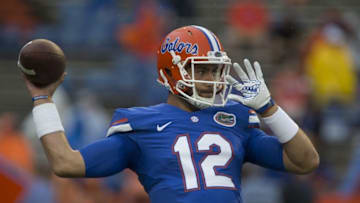 Sep 3, 2016; Gainesville, FL, USA; Florida Gators quarterback Austin Appleby (12) warms up before a football game against the Massachusetts Minutemen at Ben Hill Griffin Stadium. Mandatory Credit: Reinhold Matay-USA TODAY Sports