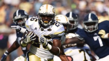 Oct 15, 2016; Atlanta, GA, USA; Georgia Tech Yellow Jackets running back Dedrick Mills (26) scores a touchdown against the Georgia Southern Eagles during the second half at Bobby Dodd Stadium. Mandatory Credit: Adam Hagy-USA TODAY Sports