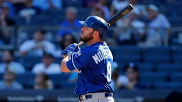 NEW YORK, NY - SEPTEMBER 25: Mike Moustakas #8 of the Kansas City Royals at bat against the New York Yankees at Yankee Stadium on September 25, 2017 in the Bronx borough of New York City. (Photo by Adam Hunger/Getty Images)
