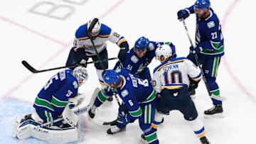 EDMONTON, ALBERTA - AUGUST 16: Jacob Markstrom #25 of the Vancouver Canucks makes the stop during the first overtime period against the St. Louis Blues in Game Four of the Western Conference First Round during the 2020 NHL Stanley Cup Playoffs at Rogers Place on August 16, 2020 in Edmonton, Alberta, Canada. (Photo by Jeff Vinnick/Getty Images)