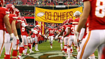 KANSAS CITY, MO - OCTOBER 07: Chris Jones #95 of the Kansas City Chiefs runs onto the field during player introductions prior to the game against the Jacksonville Jaguars at Arrowhead Stadium on October 7, 2018 in Kansas City, Missouri. (Photo by Jamie Squire/Getty Images)