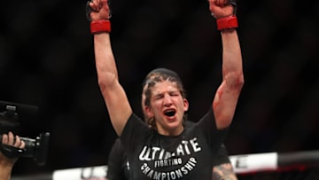January 18, 2020; Las Vegas, Nevada, USA; Roxanne Modafferi reacts following her victory by unanimous decision against Maycee Barber during UFC 246 at T-Mobile Arena. Mandatory Credit: Mark J. Rebilas-USA TODAY Sports