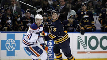 Mar 1, 2016; Buffalo, NY, USA; Edmonton Oilers center Connor McDavid (97) and Buffalo Sabres center Jack Eichel (15) during the second period at First Niagara Center. Mandatory Credit: Timothy T. Ludwig-USA TODAY Sports