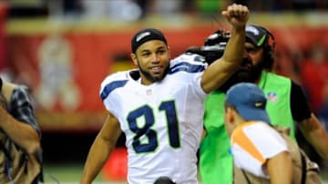 Nov 10, 2013; Atlanta, GA, USA; Seattle Seahawks wide receiver Golden Tate (81) reacts as he leaves the field after defeating the Atlanta Falcons at the Georgia Dome. The Seahawks defeated the Falcons 33-10. Mandatory Credit: Dale Zanine-USA TODAY Sports