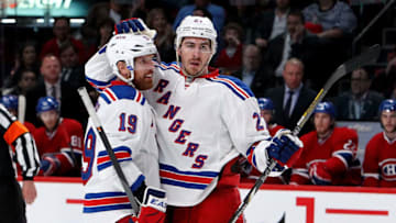 MONTREAL, QC - MAY 17: Brad Richards #19 and Ryan McDonagh #27 of the New York Rangers celebrate while taking on the Montreal Canadiens in Game One of the Eastern Conference Finals of the 2014 NHL Stanley Cup Playoffs at the Bell Centre on May 17, 2014 in Montreal, Canada. (Photo by Francois Laplante/FreestylePhoto/Getty Images)