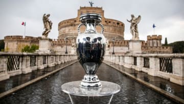 The trophy of the UEFA Euro 2020 football competition is pictured on Sant'Angelo bridge on April 20, 2021 in Rome. - Italy OUT (Photo by Fabio FRUSTACI / ANSA / AFP) / Italy OUT (Photo by FABIO FRUSTACI/ANSA/AFP via Getty Images)