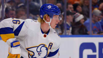 Nov 2, 2022; Buffalo, New York, USA; Buffalo Sabres defenseman Rasmus Dahlin (26) looks to make a pass during the third period against the Pittsburgh Penguins at KeyBank Center. Mandatory Credit: Timothy T. Ludwig-USA TODAY Sports