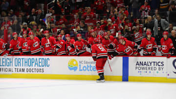 RALEIGH, NC - NOVEMBER 02: Carolina Hurricanes left wing Erik Haula (56) celebrates his goal during the 2nd period of the Carolina Hurricanes game versus the New Jersey Devils on November 2nd, 2019 at PNC Arena in Raleigh, NC. (Photo by Jaylynn Nash/Icon Sportswire via Getty Images)