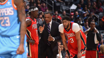 LOS ANGELES, CA - MARCH 6: Head Coach Alvin Gentry of the New Orleans Pelicans speaks to Anthony Davis