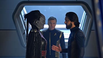"Through the Valley of Shadows" -- Episode #212 -- Pictured (l-r): Mary Chieffo as L'Rell; Anson Mount as Captain Pike; Shazad Latif as Tyler; of the CBS All Access series STAR TREK: DISCOVERY. Photo Cr: John Medland/CBS ÃÂ©2018 CBS Interactive, Inc. All Rights Reserved.