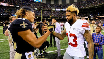 Nov 1, 2015; New Orleans, LA, USA; New York Giants wide receiver Odell Beckham (13) talks with New Orleans Saints wide receiver Willie Snead (83) after a game at the Mercedes-Benz Superdome. The Saints defeated the Giants 52-49. Mandatory Credit: Derick E. Hingle-USA TODAY Sports