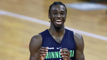 SHENZHEN, CHINA - OCTOBER 04: Andrew Wiggins #22 of the Minnesota Timberwolves reacts during practice at Shenzhen Gymnasium as part of 2017 NBA Global Games China on October 4, 2017 in Shenzhen, China. (Photo by Zhong Zhi/Getty Images)