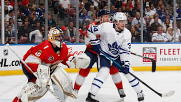Auston Matthews #34 of the Toronto Maple Leafs sets up for a tip in attempt in front of goaltender Roberto Luongo #1 of the Florida Panthers. (Photo by Joel Auerbach/Getty Images)