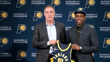 INDIANAPOLIS, IN - JUNE 22: Indiana Pacers President of Basketball Operations, Kevin Pritchard, poses for a photo with Aaron Holiday during a press conference on June 22, 2018 at the St. Vincent Center in Indianapolis, Indiana. NOTE TO USER: User expressly acknowledges and agrees that, by downloading and/or using this photograph, user is consenting to the terms and conditions of the Getty Images License Agreement. Mandatory Copyright Notice: Copyright 2018 NBAE (Photo by Ron Hoskins/NBAE via Getty Images)